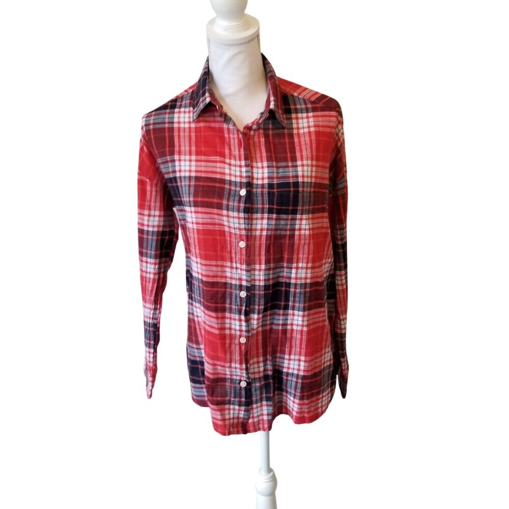 Old Navy Womens Red Plaid Boyfriend Shirt M Long Sleeve Cotton Blend Comfortable